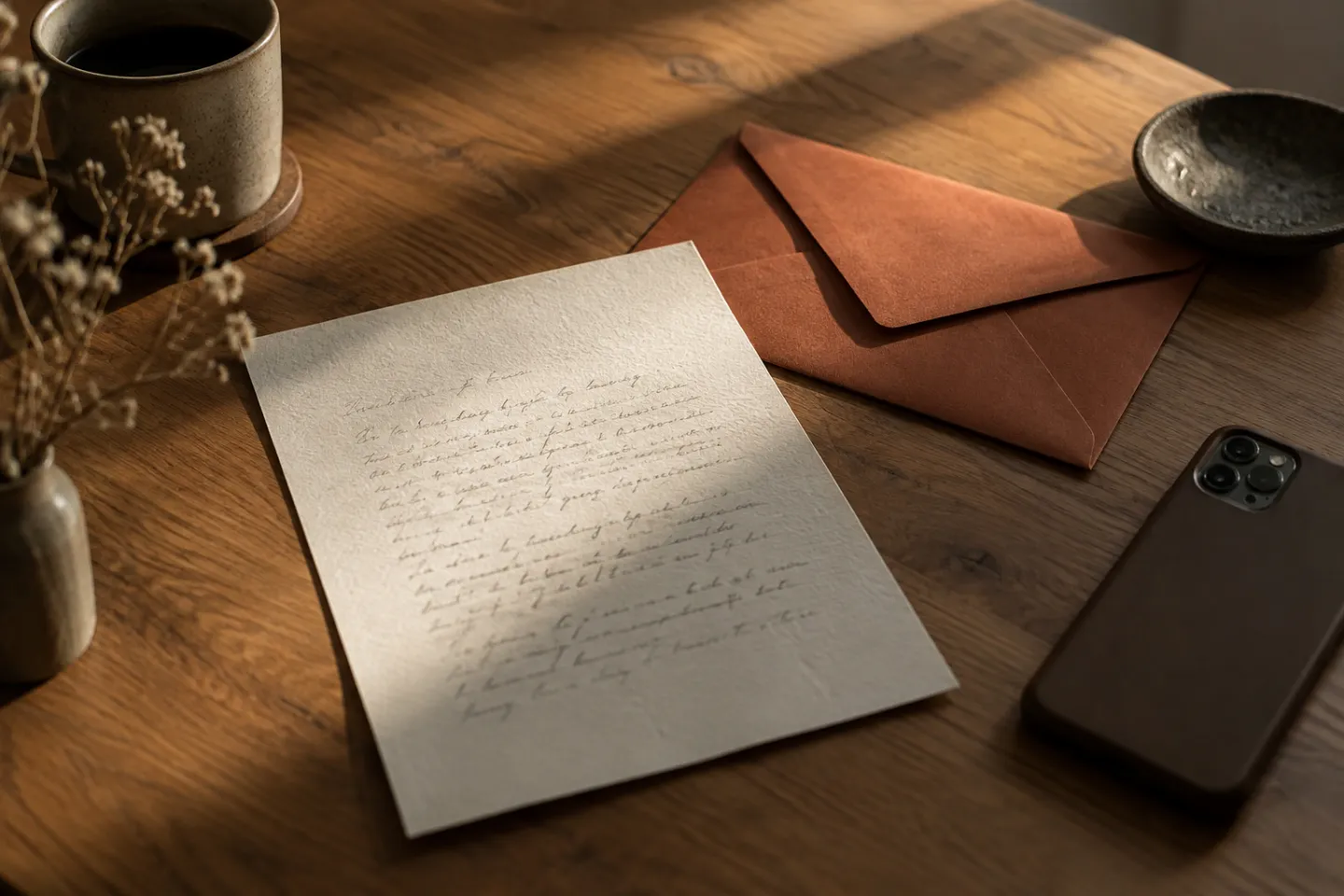 A handwritten letter, a rust-colored envelope, and a phone placed face down on a sunlit desk.