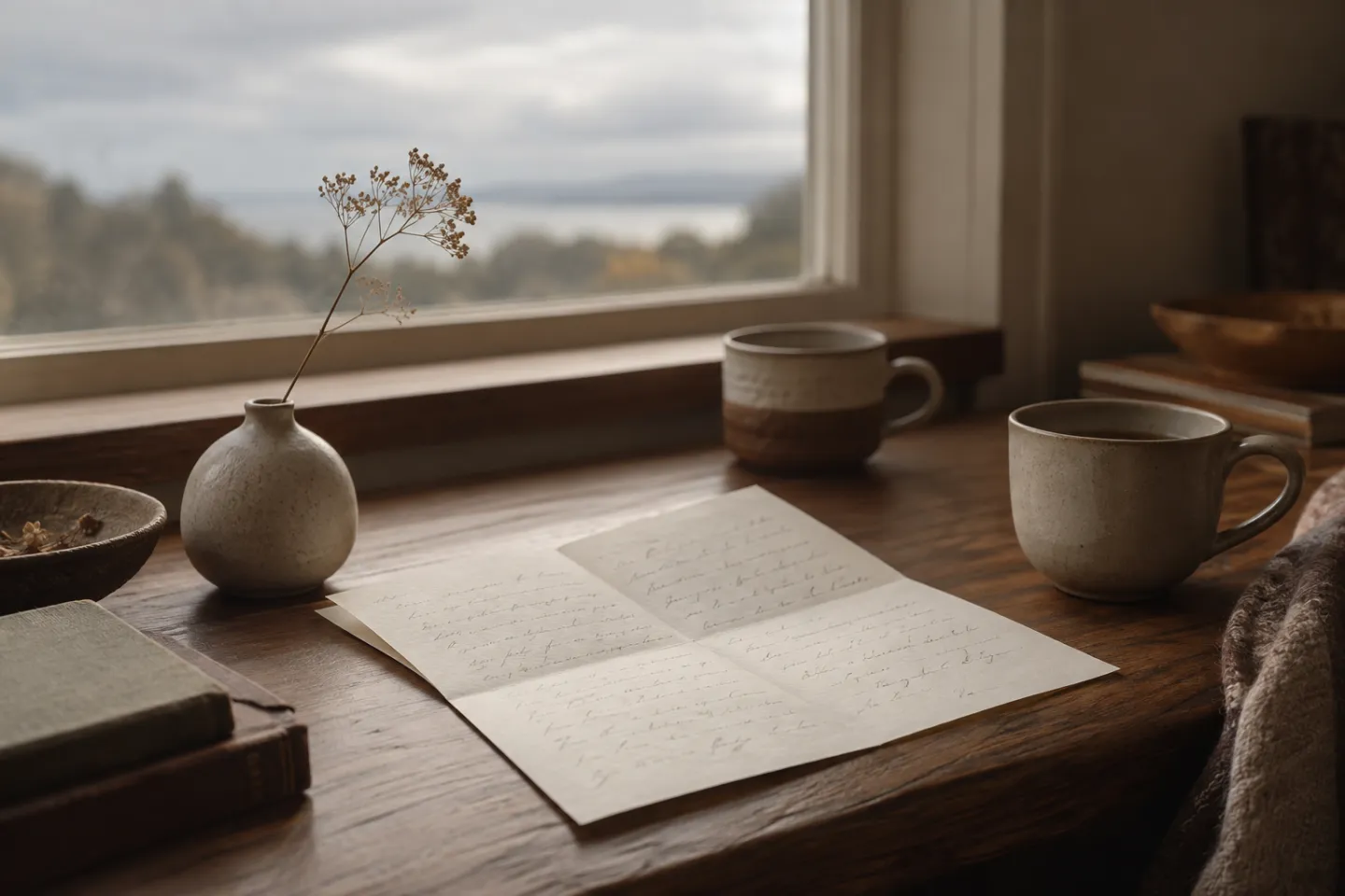 A letter and two ceramic cups beside a softly lit window.