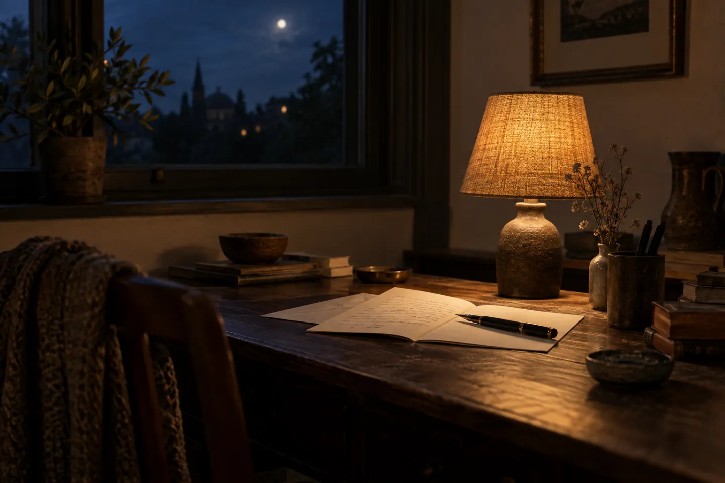 An open letter and fountain pen under a warm desk lamp at night.