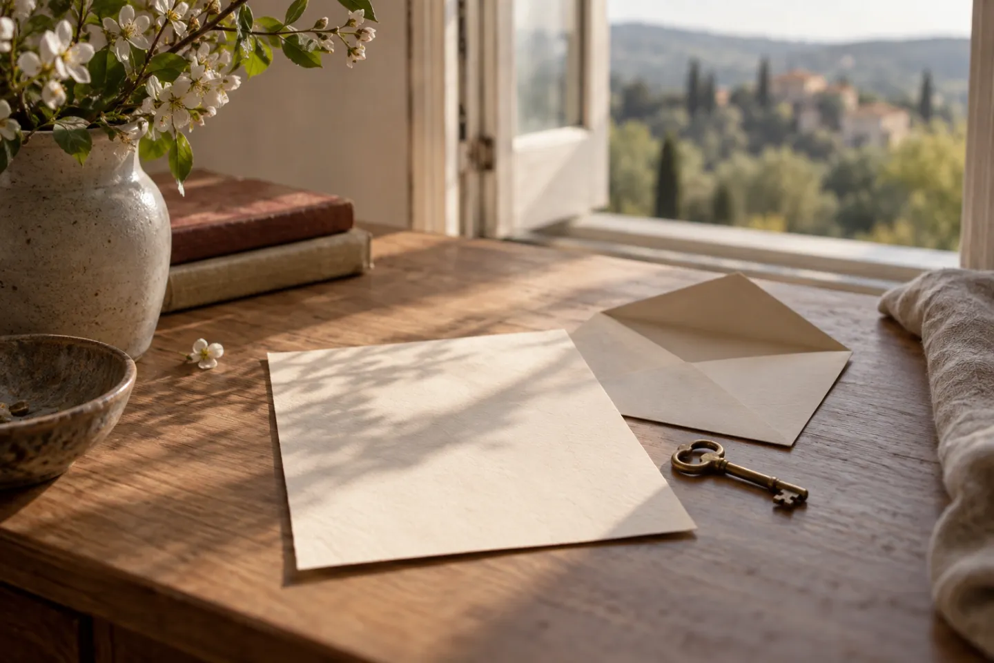 A blank letter, an envelope, and an old brass key in morning light.