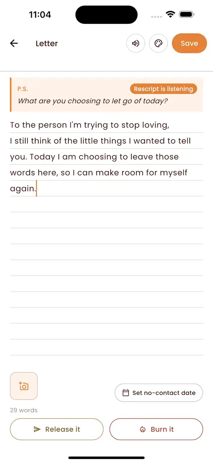 Rescript Letters editor with Save, Release it, and Burn it controls.