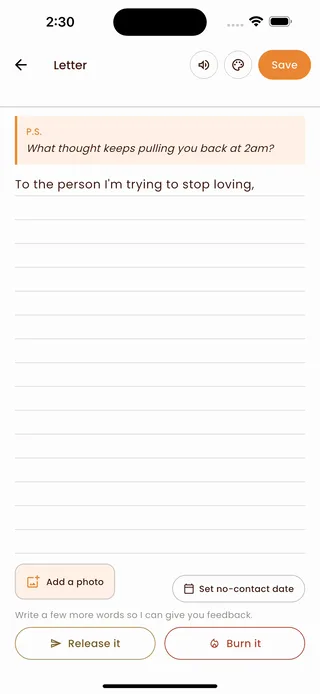 Rescript breakup letter editor with the Set no-contact date button.